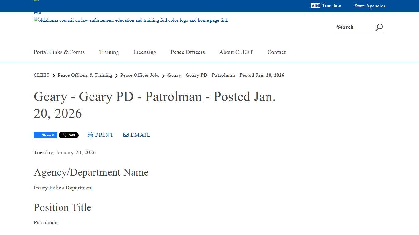 Geary - Geary PD - Patrolman - Posted Jan. 20, 2026