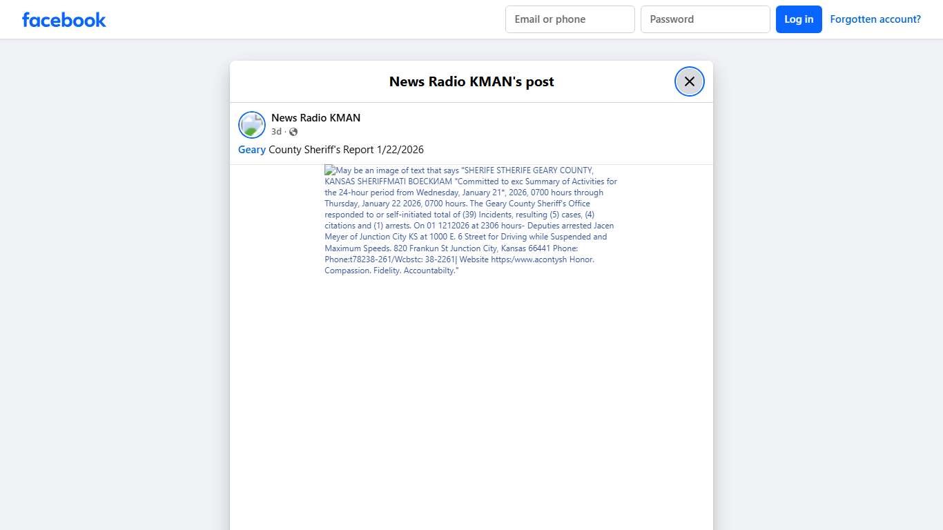 News Radio KMAN - Geary County Sheriff's Report 1/22/2026 Facebook